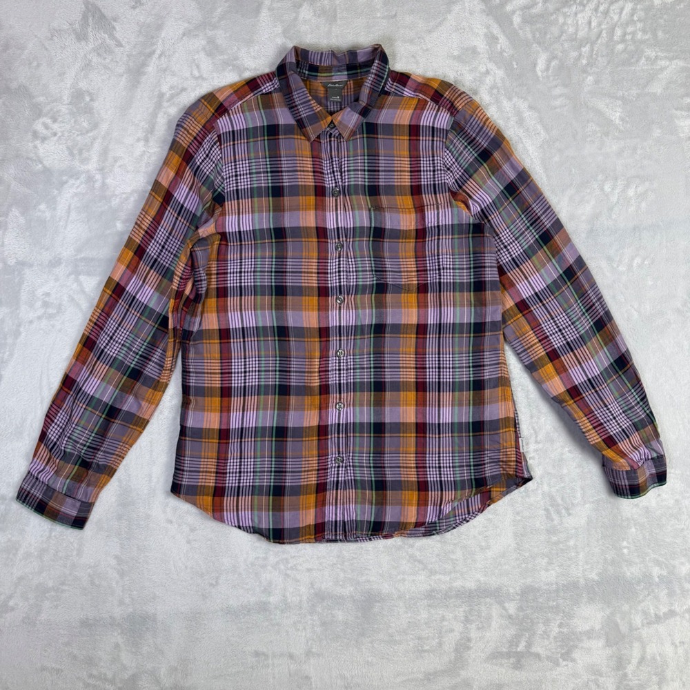 Eddie Bauer Button Down Shirt Womens M Purple Plaid Tranquil LS Pocket